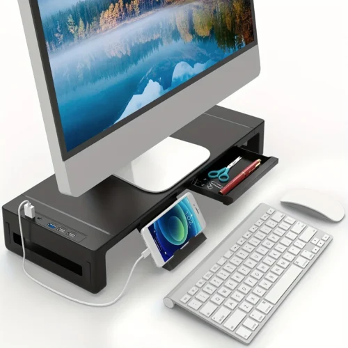 Monitor Stand Riser, With USB3.0 Foldable, Height Adjustable Computer Stand, Desk Shelf Riser with Storage Drawer & Tablet Phone