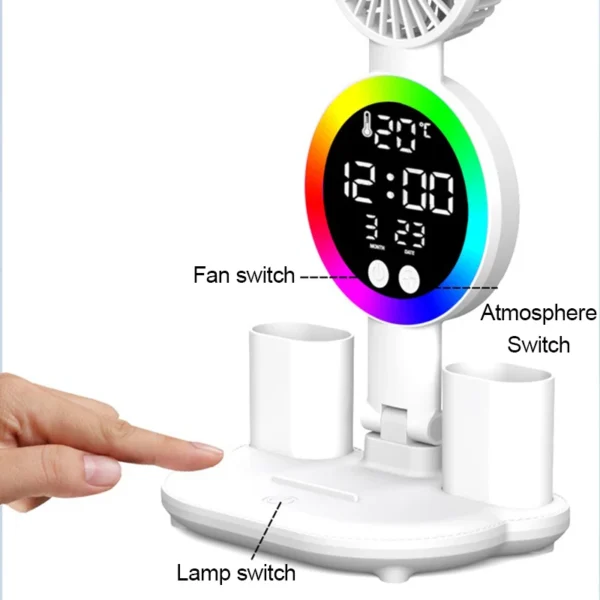 Rechargeable LED Desk Lamp with Fan and Clock — Adjustable Reading Light & Night Lamp