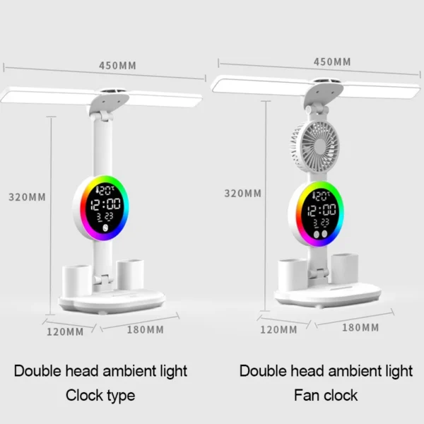 Rechargeable LED Desk Lamp with Fan and Clock — Adjustable Reading Light & Night Lamp