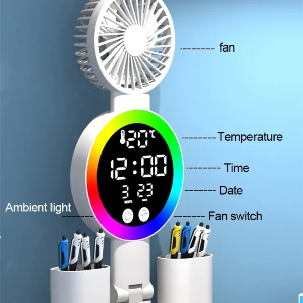 Rechargeable LED Desk Lamp with Fan and Clock — Adjustable Reading Light & Night Lamp