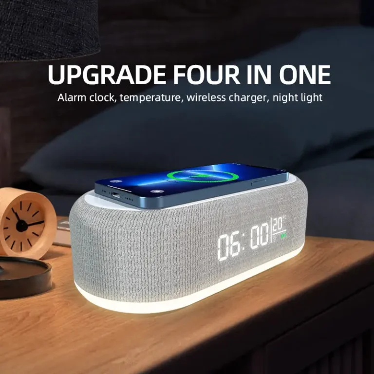 All-in-One 15W Fast Wireless Charger Dock: Alarm Clock, LED Light, Thermometer & Earphone Holder