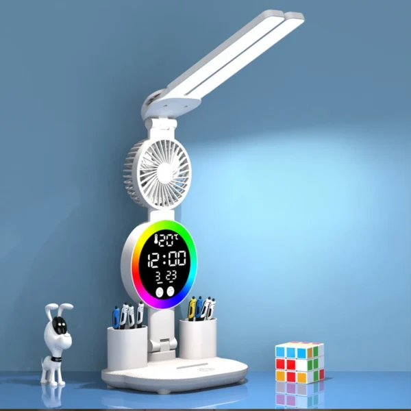 Rechargeable LED Desk Lamp with Fan and Clock — Adjustable Reading Light & Night Lamp